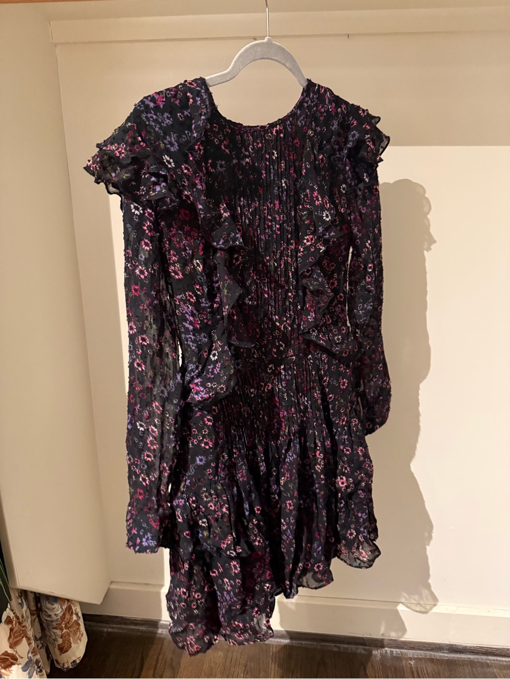 Reiss Black Floral Long-Sleeve Ruffle Mini Dress